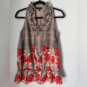 The Limited Ruffle Neck Peplum Blouse Red Floral Sleeveless Size M Boho